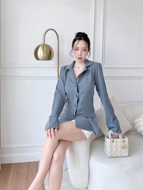 Stripes Collar Fitted Shirts With Skirts